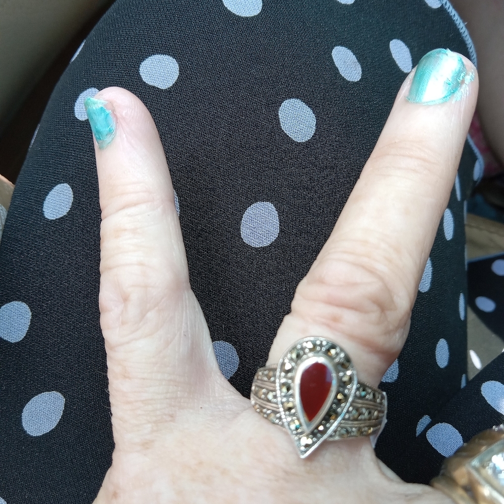 Vintage Carnelian pear shape nset stone withh marcasite engagement ring Size 7